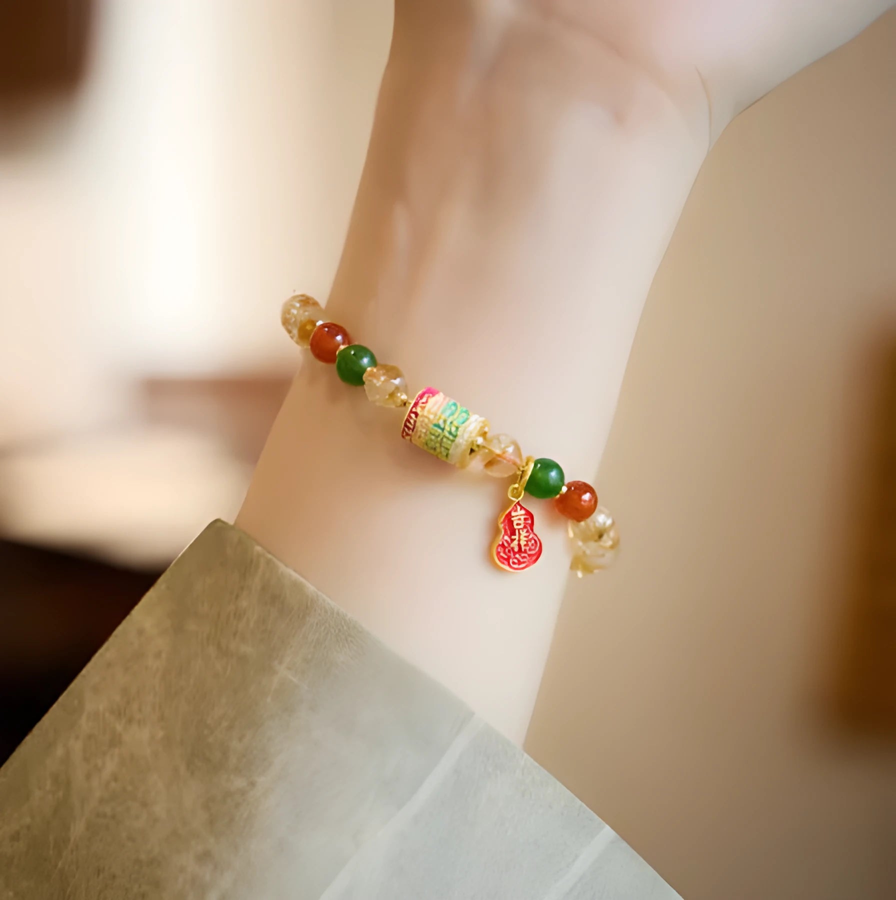 Citrine five-sutra crystal bracelet with hand-woven construction and 6mm geometric beads