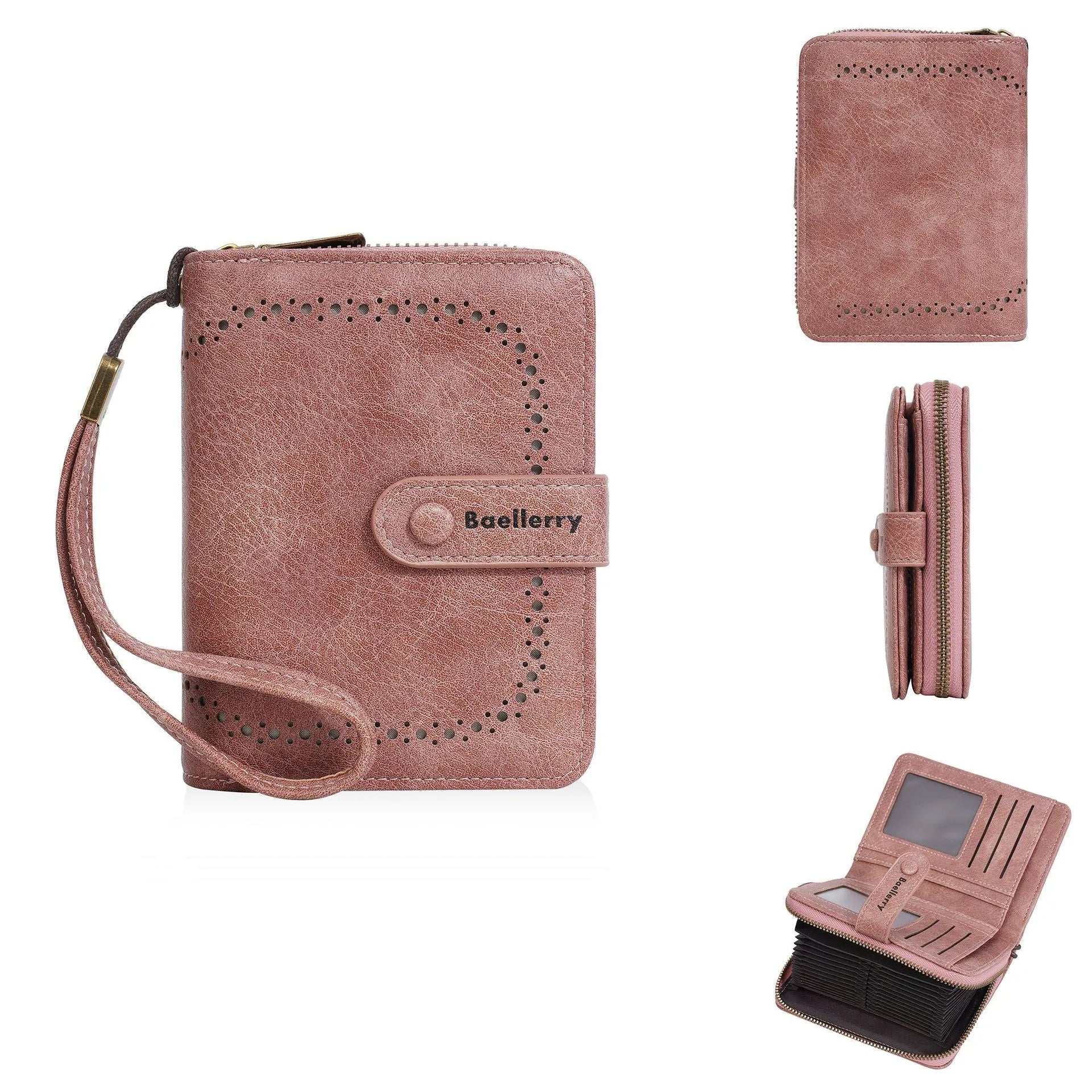 Women's black PU leather zip coin purse lying open showing card slots and a coin compartment.