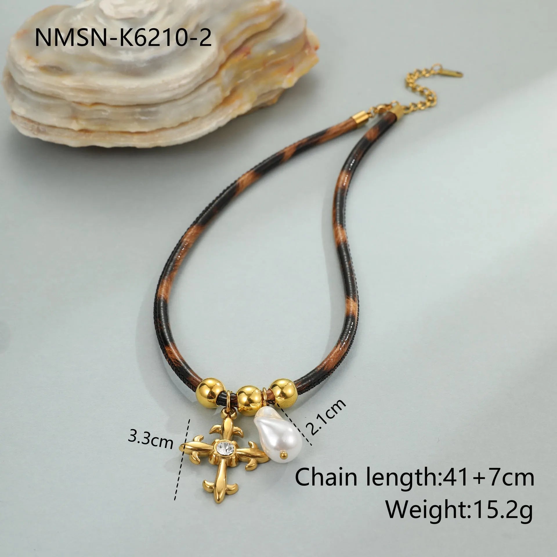 Leopard leather geometric pendant stainless steel necklace for women with adjustable chain