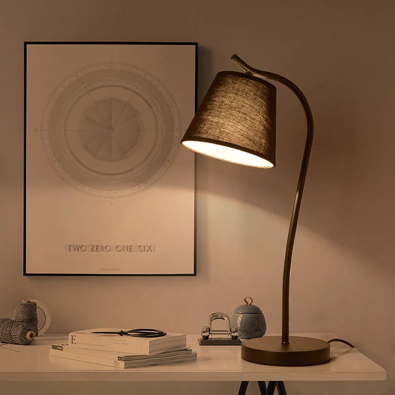 Nordic style desk lamp with dimmer switch in white finish on wooden desk