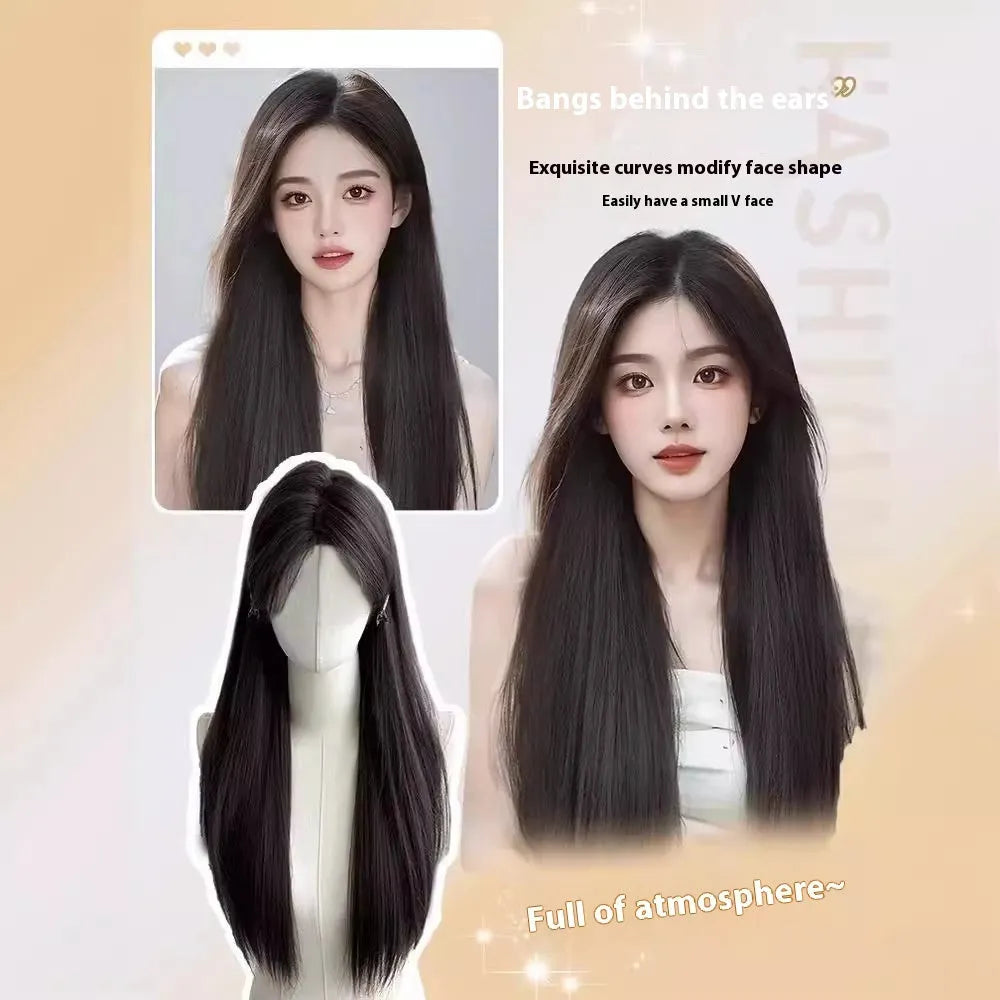 Forehead lace long straight full-head wig in dark brown colour with side bangs styling