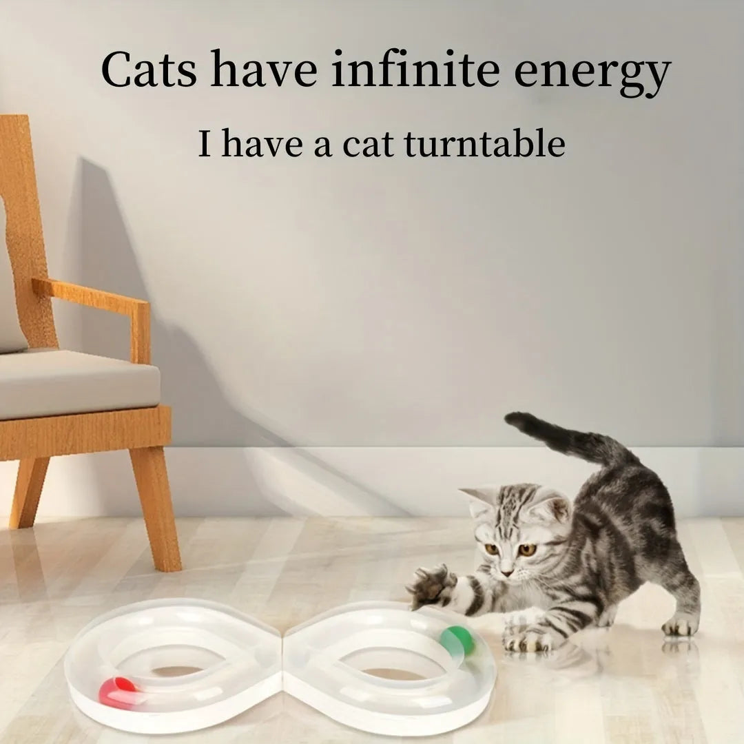 Rotating cat track toy with rolling balls and teasing stick on blue background