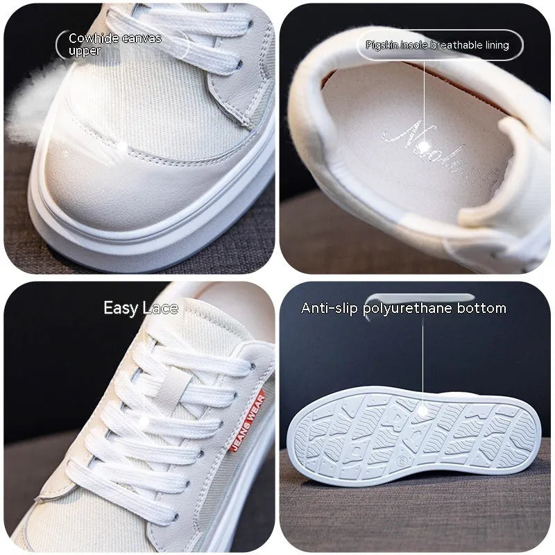 Women's beige and pink thick-soled leather casual platform board shoes.