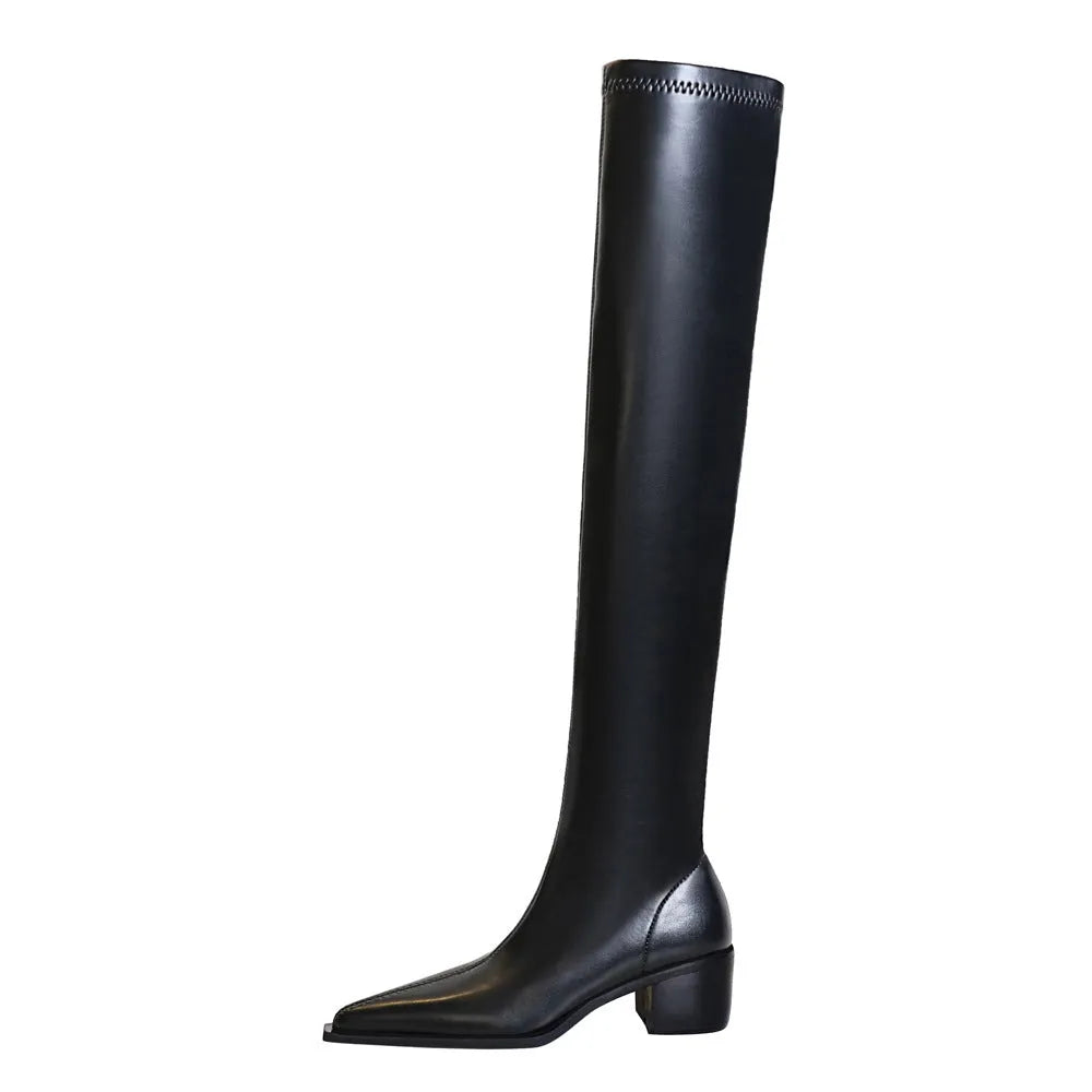 Women's chunky heel over-the-knee boots pointed toe in khaki with sewing thread detail