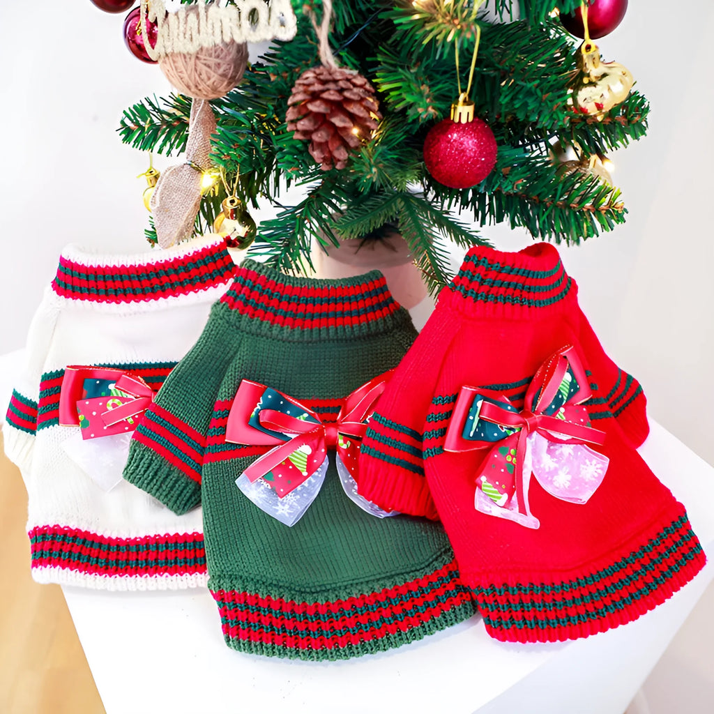 Red or green polyester knit Christmas sweater for small to medium dogs and cats on a festive background