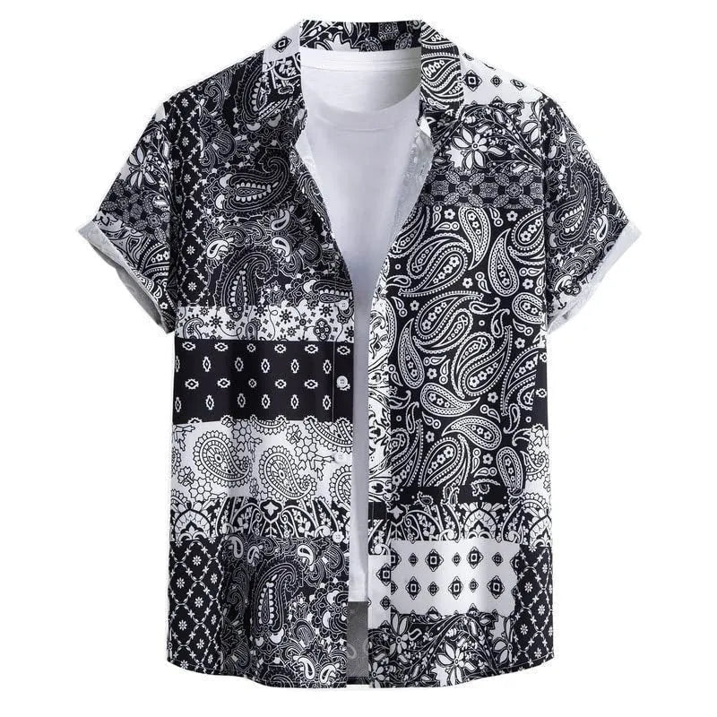 Men's slim fit digital printed Hawaiian short sleeve shirt in elastic polyester, showing colour options.