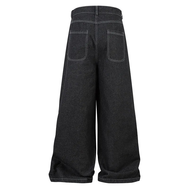 Black denim work trousers with multiple pockets and pleated front design on mid-waist fit