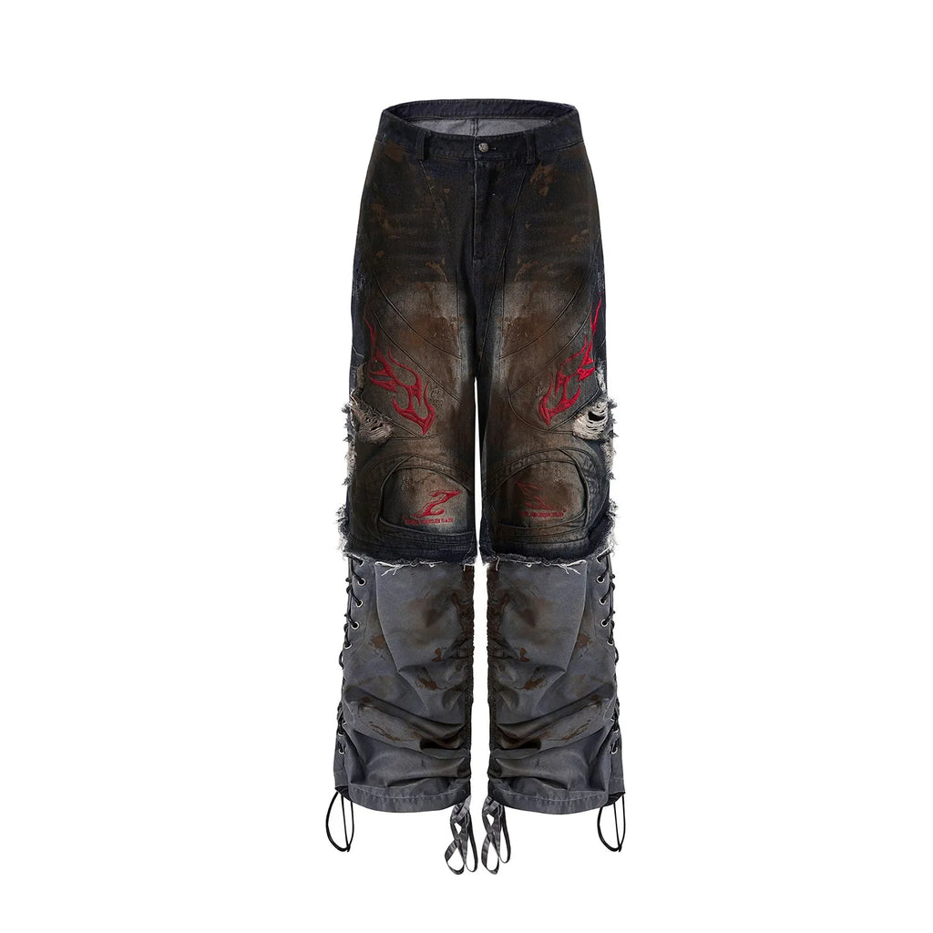 Men's retro jeans with detachable trouser legs showing loose wide-leg fit in picture colour denim