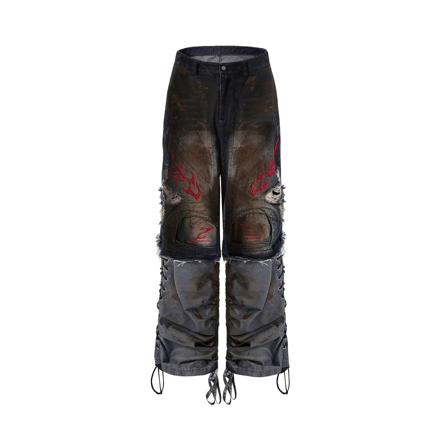 Men's retro jeans with detachable trouser legs showing loose wide-leg fit in picture colour denim