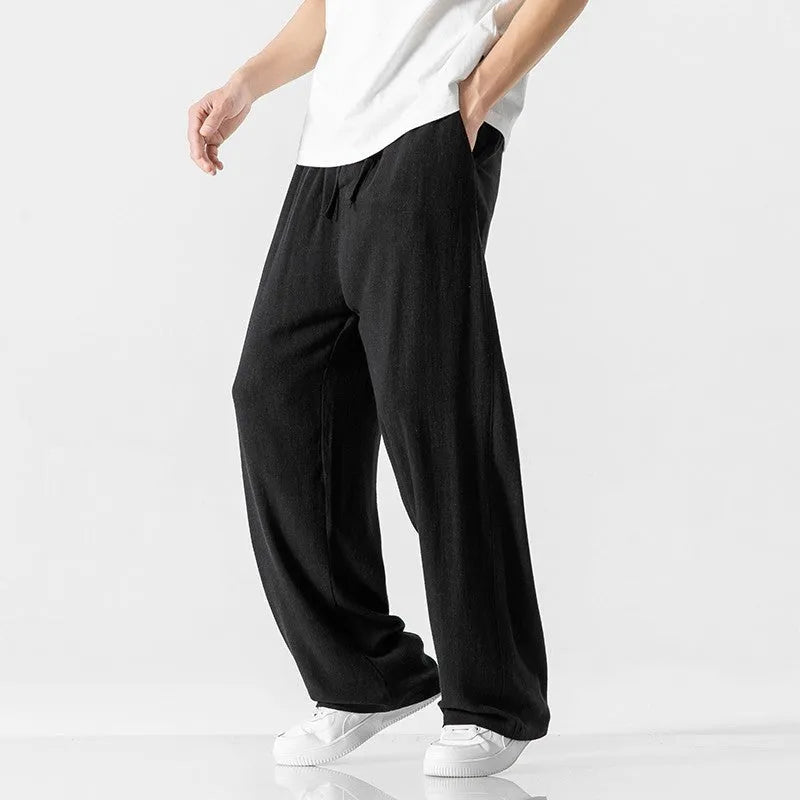 Men's bamboo fibre linen trousers in straight leg cut with cropped length and drawstring waist