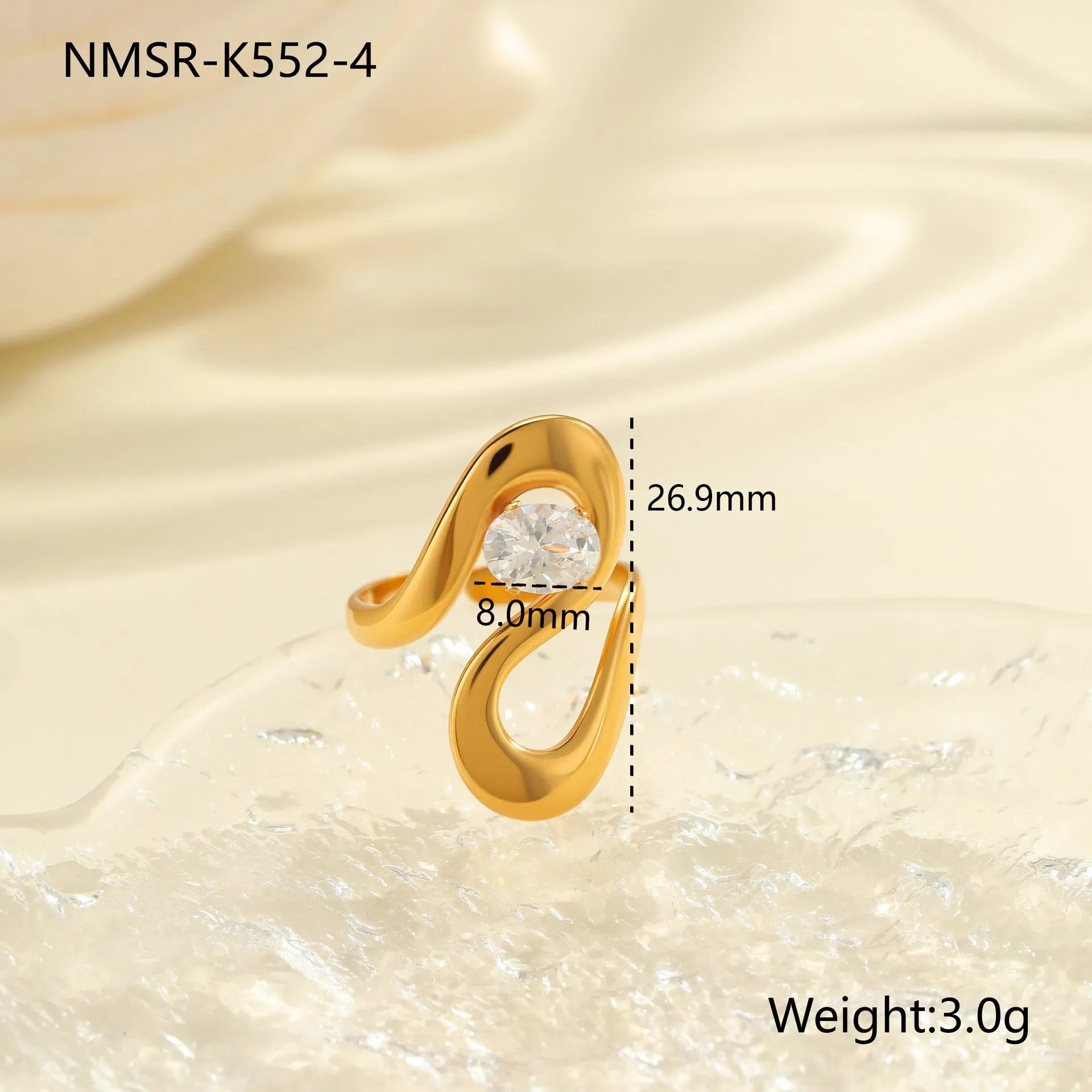 Geometric stainless steel zircon ring with open mouth design on a hand.