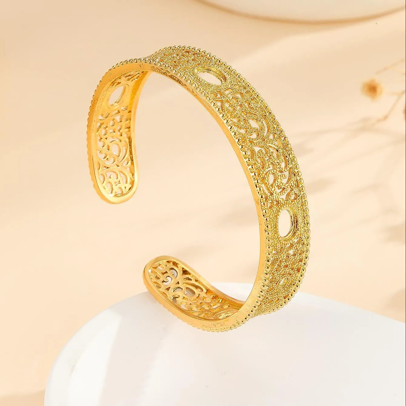 Gold bracelet with hollowed out lace flower design, gold finish, gold plated copper