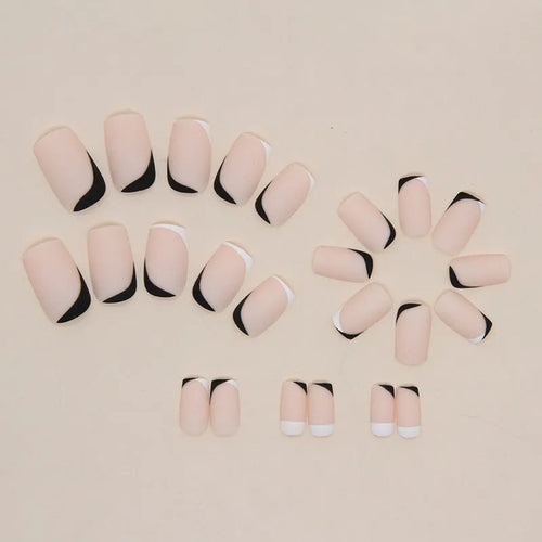 W644 black and white frosted press-on artificial nails with a double-piece mandarin duck design, 24 pieces.