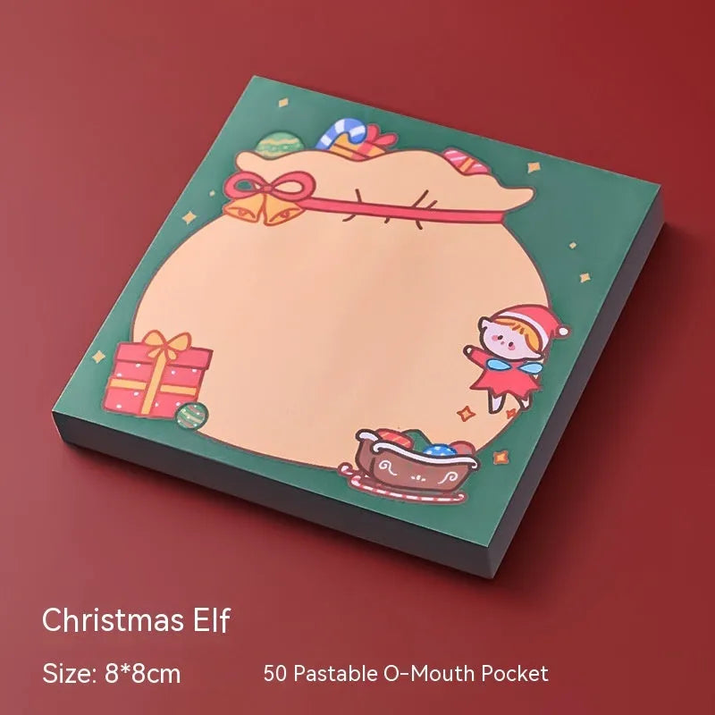 Christmas sticky notes pad showing eight festive designs including Santa Claus, elf, snowman, and gift box