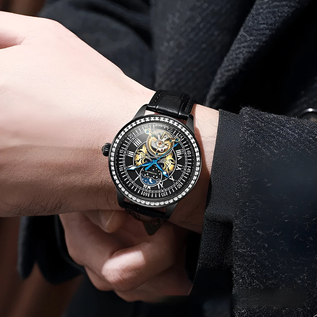 Men's round-dial waterproof watch with a stainless steel case and strap on a wrist.