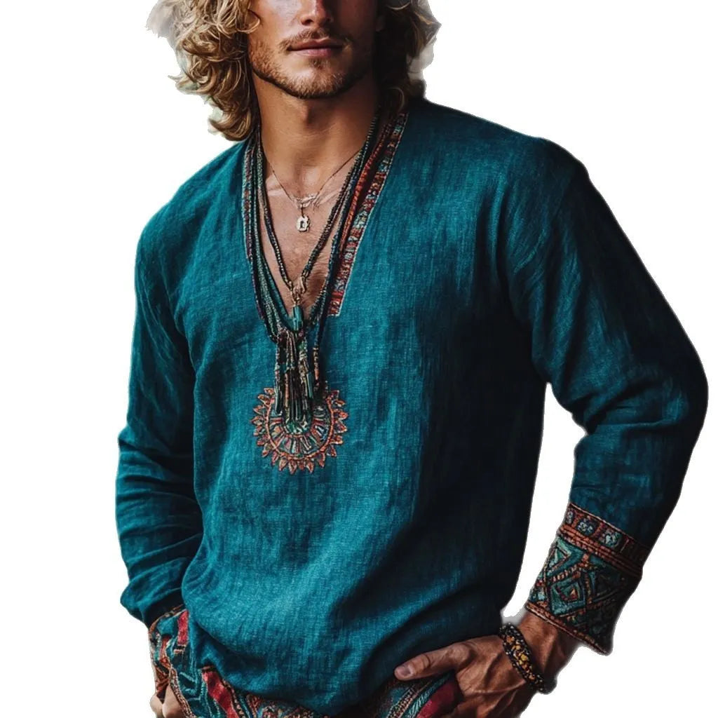 Women's vintage printed long sleeve boho top in picture colour with European retro styling