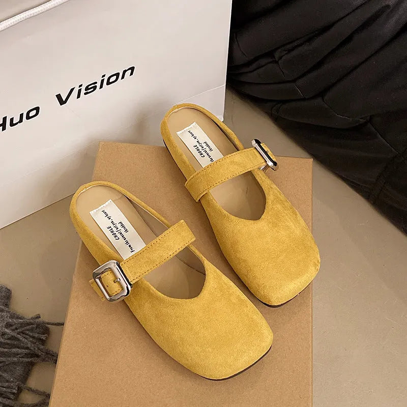 Women's flat closed toe half slippers in square toe design with rubber sole