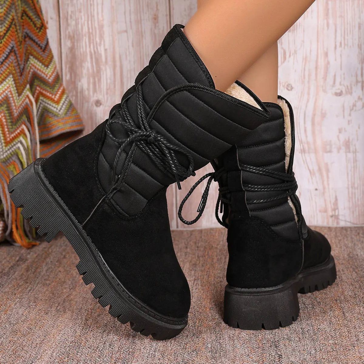 Women's black chunky heel snow boots with lace-up design and fleece lining