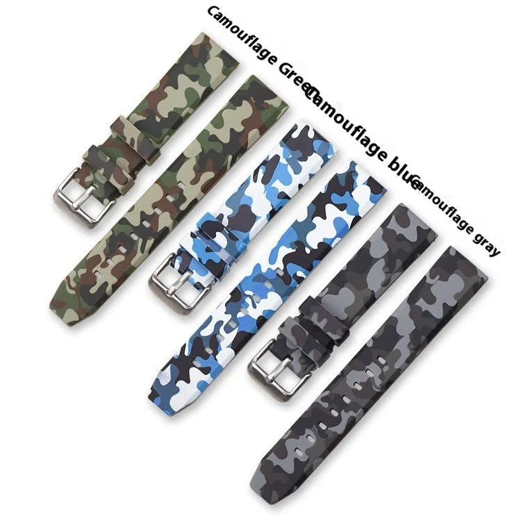 Green camouflage silicone watch strap showing flat head design and buckle, with 20mm 22mm 24mm size options.