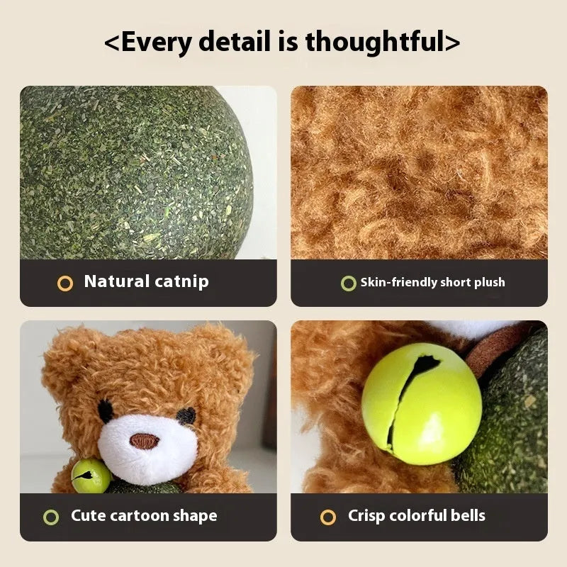 Plush catnip toy shaped like an animal with a separate mint ball, showing brown bear design