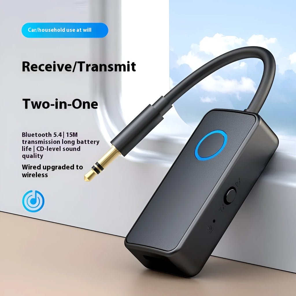 Black Bluetooth 5.4 audio adapter with 3.5mm plug for wireless audio conversion