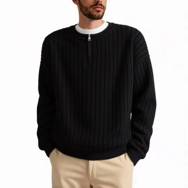 Men's grey half zip sweater with texture knit fabric and loose fit design