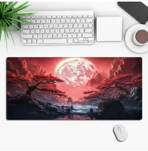 Anime-themed gaming mouse pad on a desk with non-slip rubber cloth base.