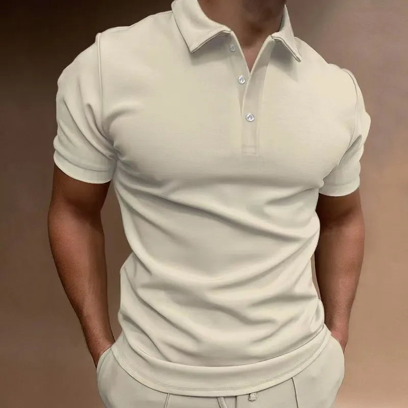 Men's loose fit button-front short sleeve T-shirt in cotton blend fabric