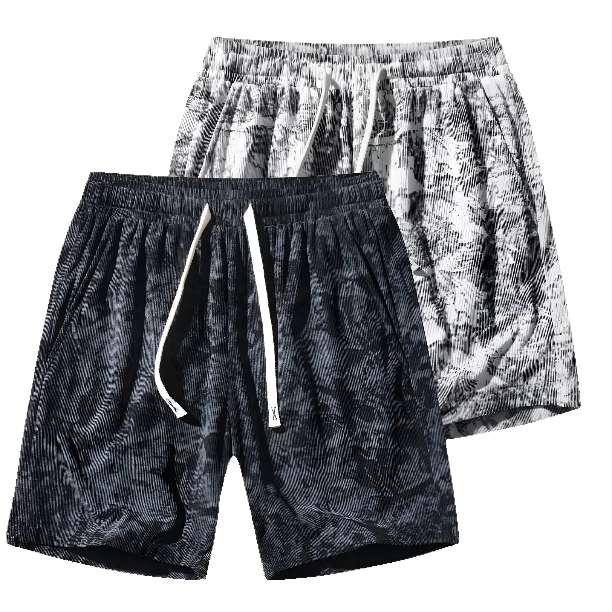 Men's camouflage patterned corduroy athletic shorts with straight leg cut and high waist