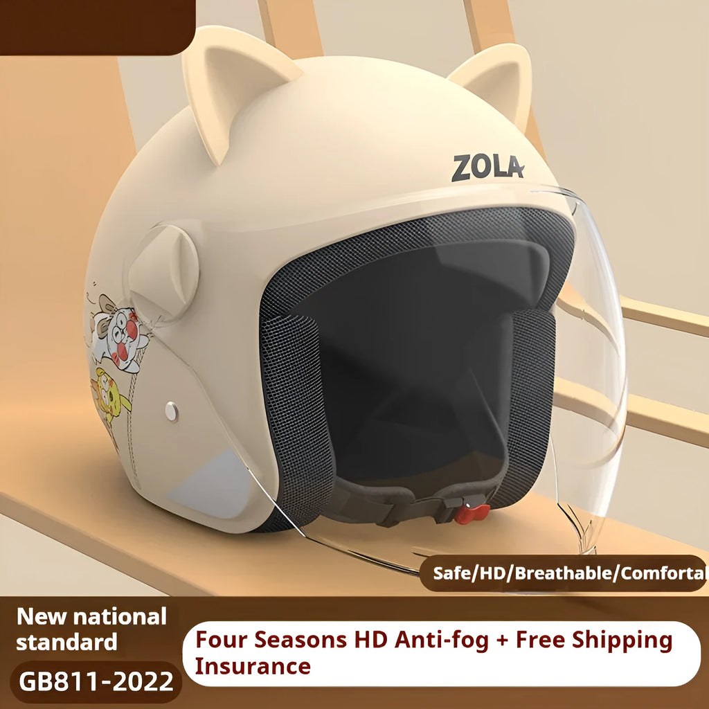 Blue electric bike helmet with attached winter scarf and a clear anti-fog visor