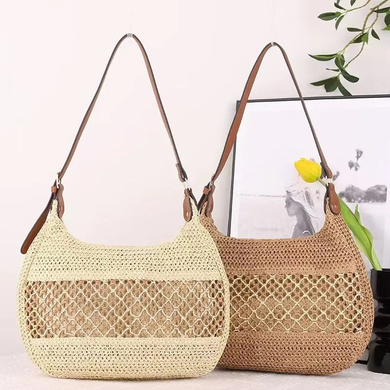 Women's straw cross body bag in khaki colour with horizontal square shape and sandwich pocket design