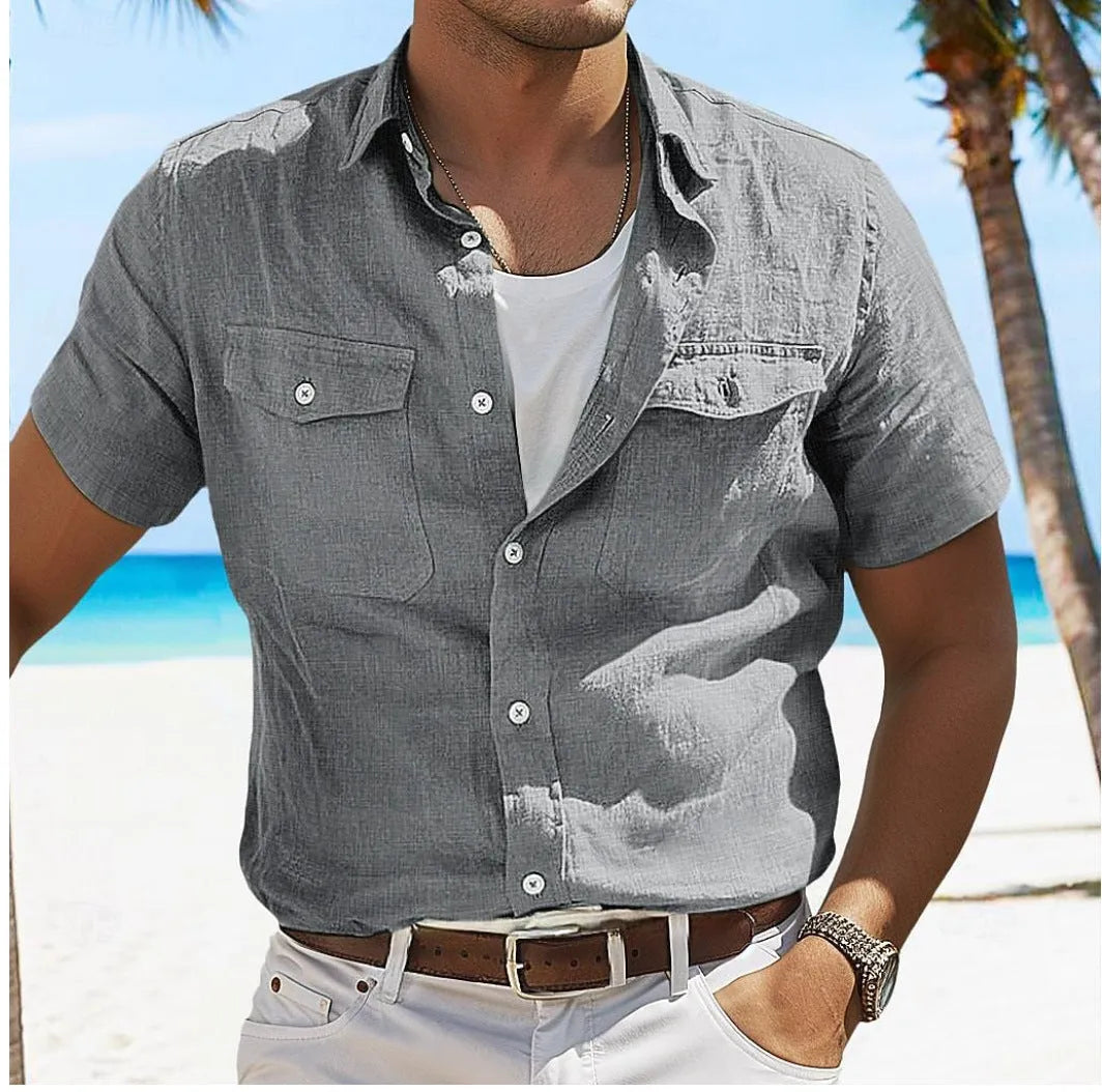 Men's linen cotton summer shirt in loose fit design with cardigan-style polo collar and long sleeves