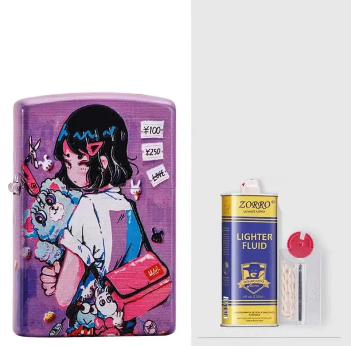 Windproof kerosene lighter with decorative copper case showing artistic design