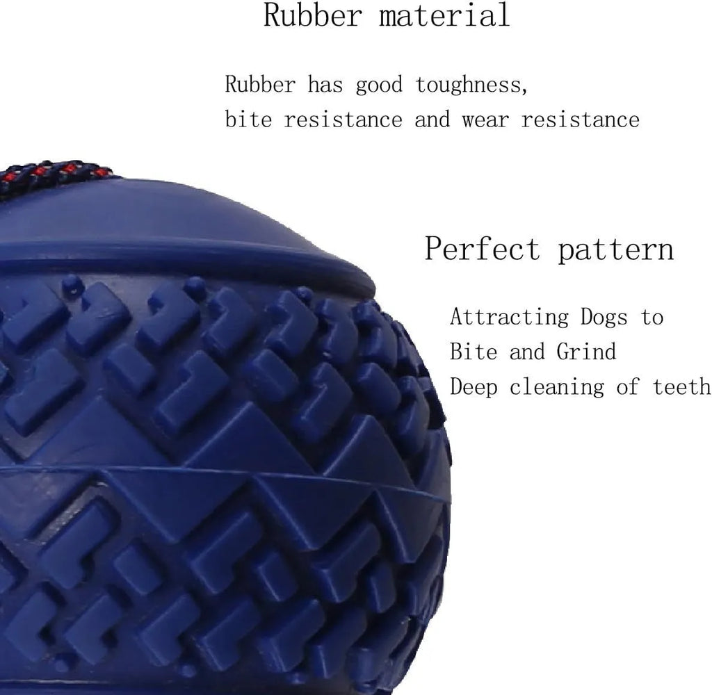 Blue dog ball with rope toy showing textured rubber surface and rope attachment for small breed dogs