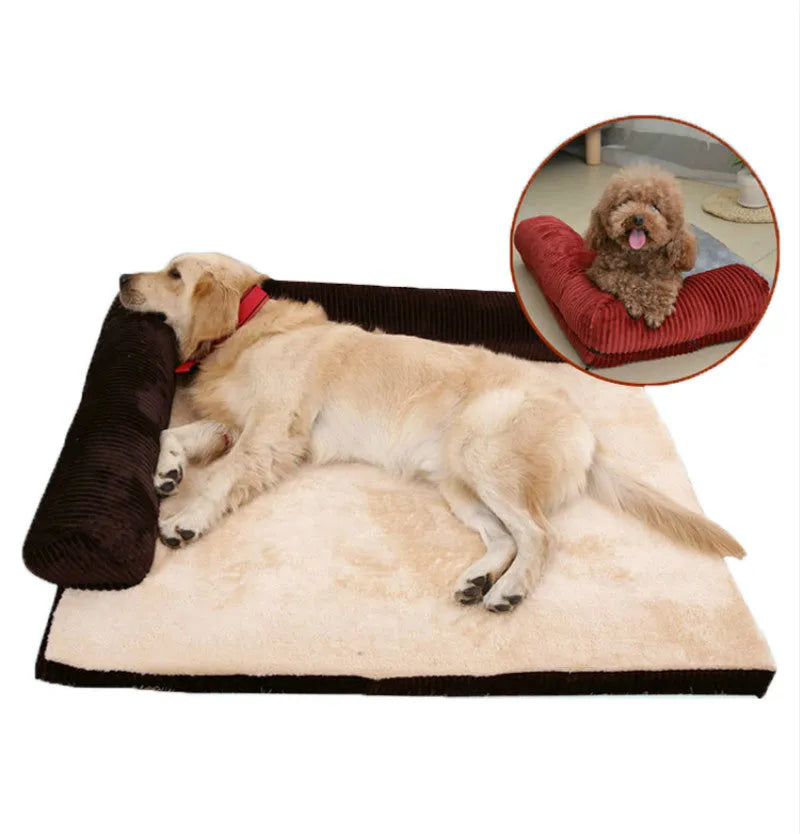 Corduroy bolster dog bed in grey, showing bilateral raised sides and non-slip base.
