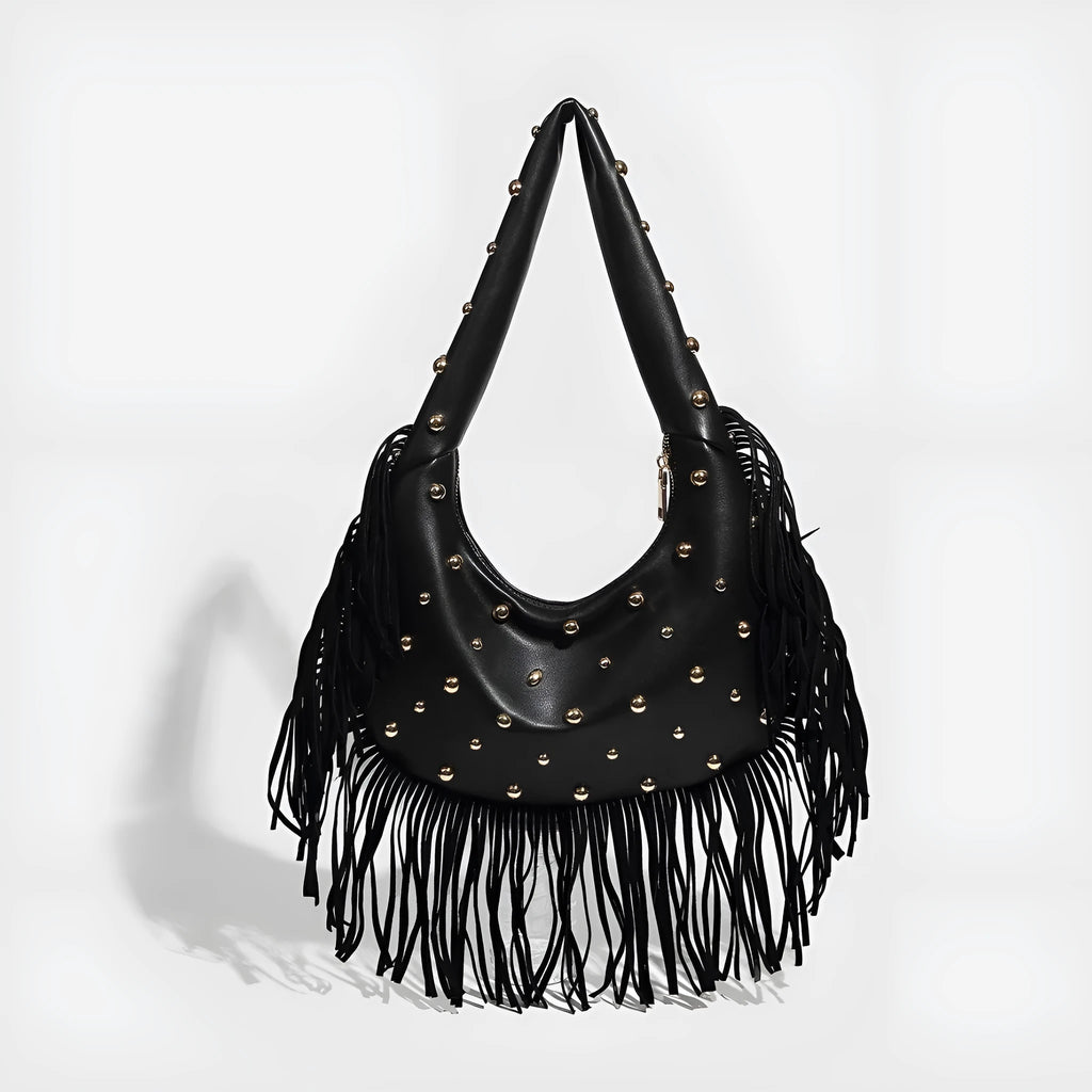 Retro tassel shoulder handbag in black or wine red with interior mobile phone pouch