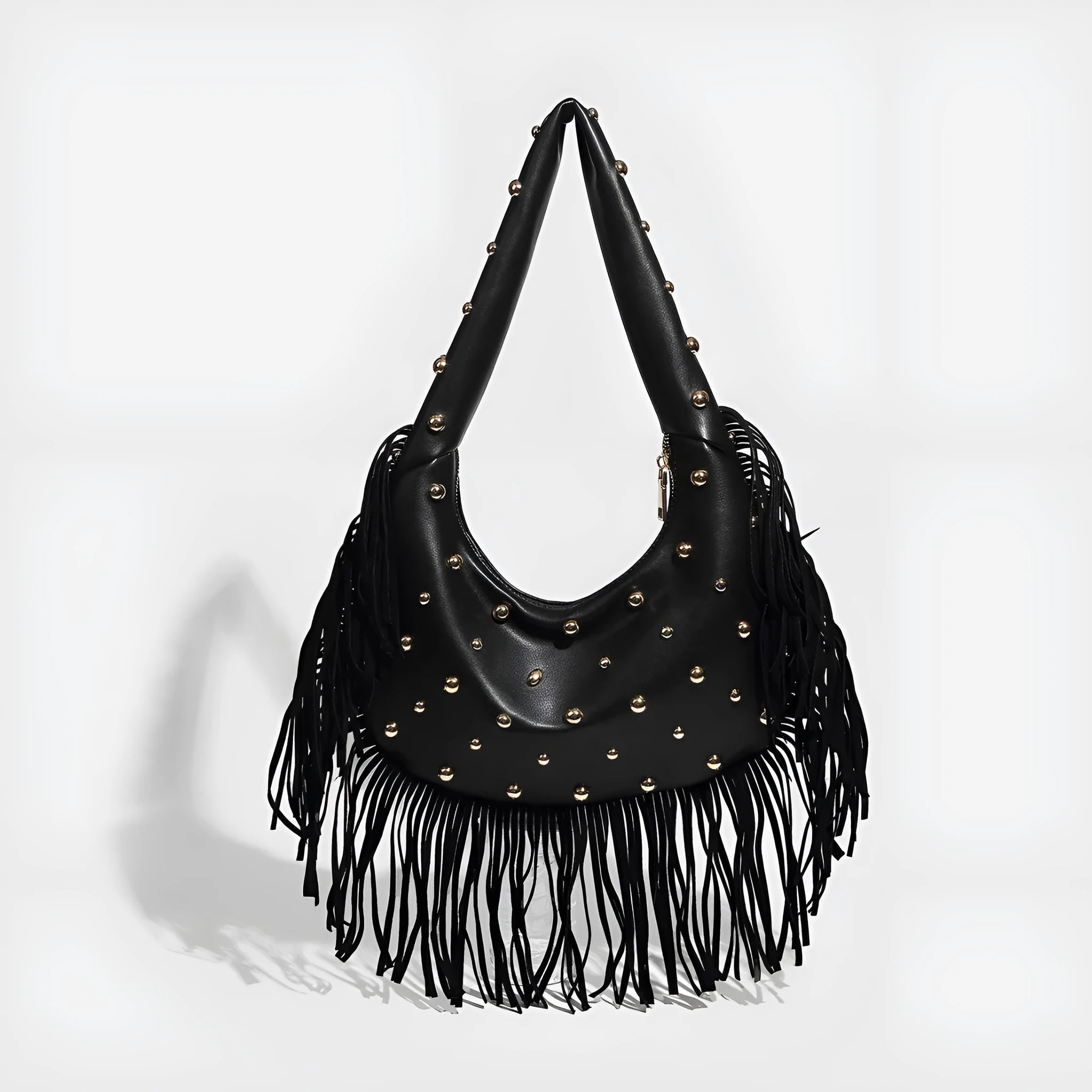 Retro tassel shoulder handbag in black or wine red with interior mobile phone pouch