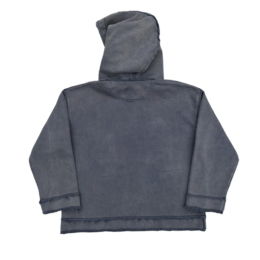 Dark blue hoodie sweatshirt with The Sun Also Rises graphic print on the back, showing front and reverse design.