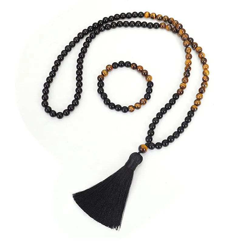 Tiger eye stone drop pendant tassel necklace chain with ball bead construction