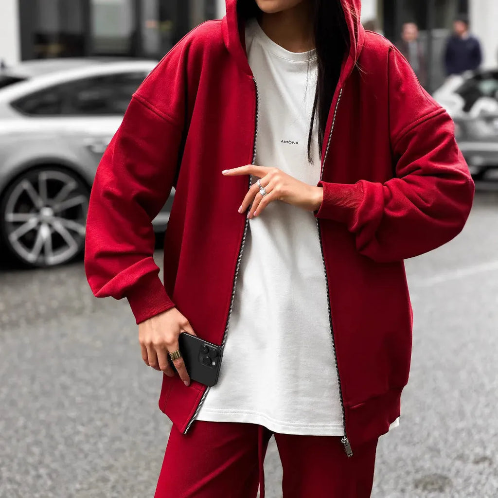 Red loose street style long-sleeved coat and trousers two-piece set on a model