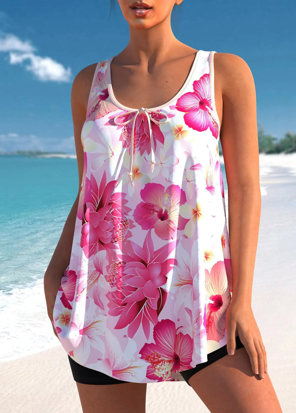 Pink printed tankini swimsuit with high-waist briefs for plus-size women