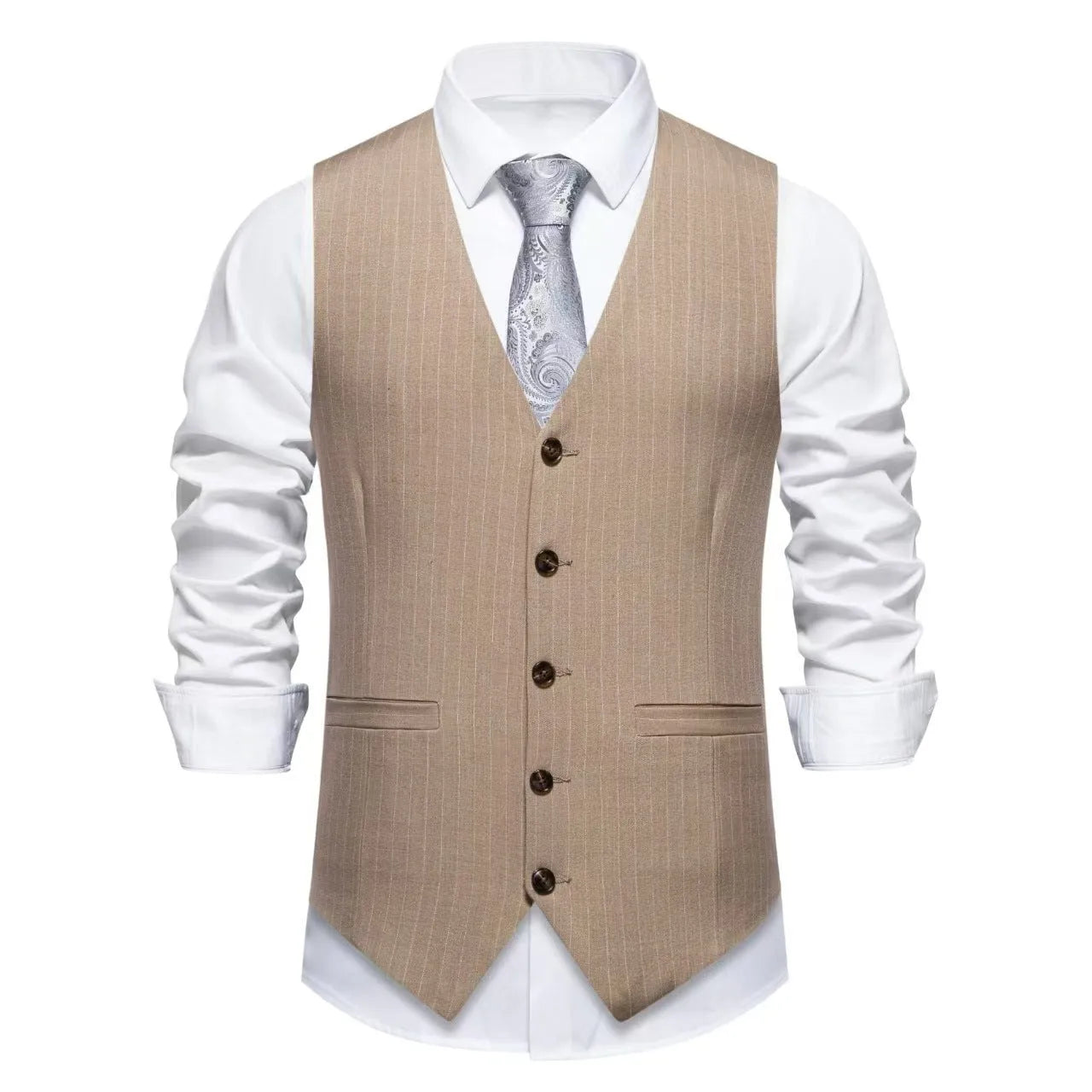 Men's striped suit waistcoat in red, black, or khaki on a hanger, showing miter hem and pocket detail.