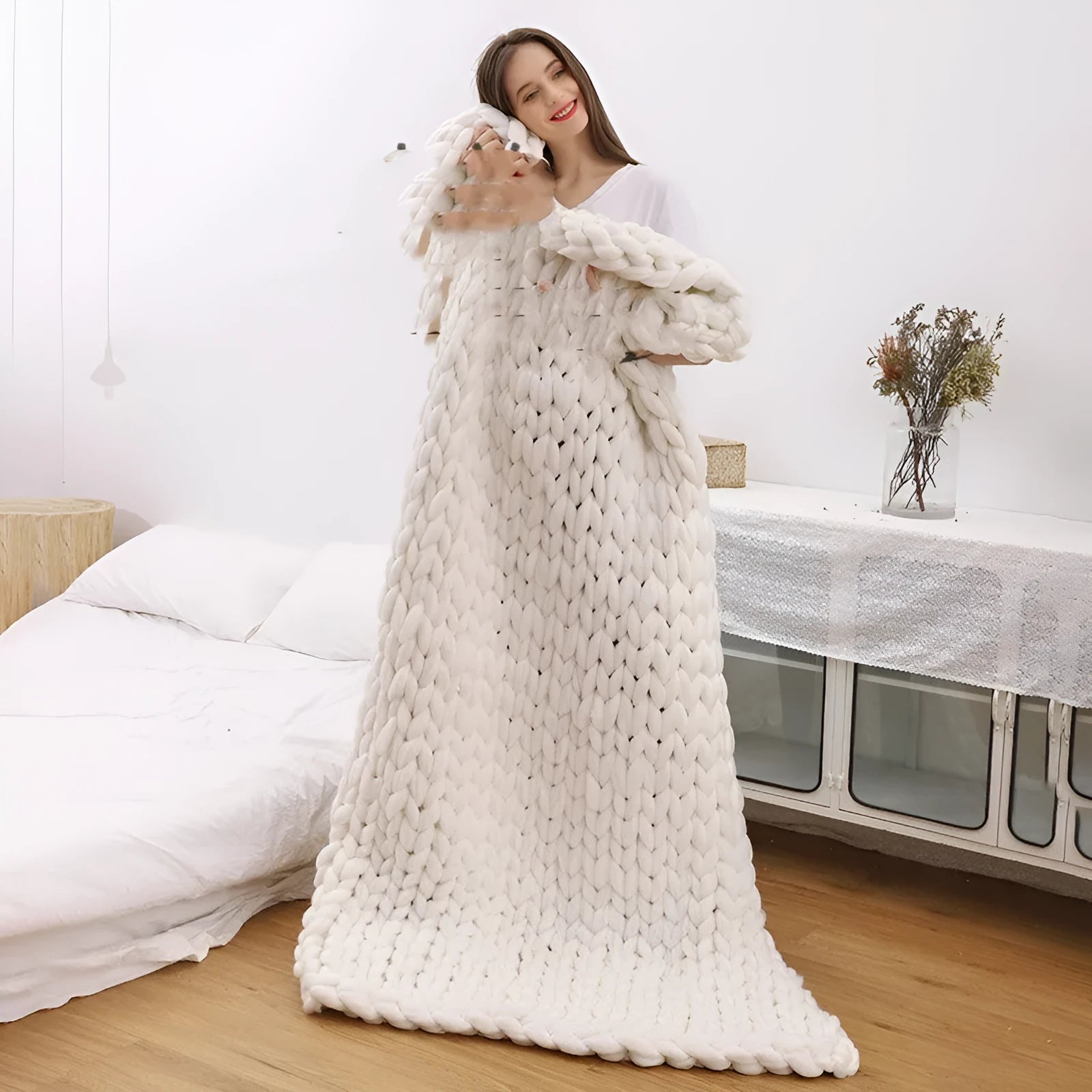 White handwoven wool chenille blanket 6cm thick 100x200cm
