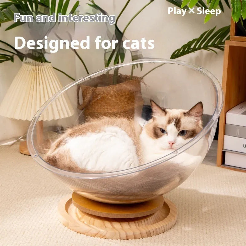 Transparent acrylic space capsule cat bed with wooden base in multiple size options