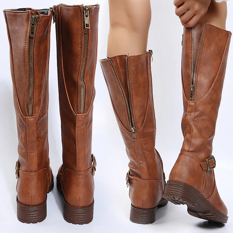 Yellow women's high-knee knight boots with a square heel, round toe, and a decorative buckle on the shaft.