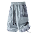 Men's loose fit cargo shorts with plaid stitching detail in black, light grey, and smoky grey colour options
