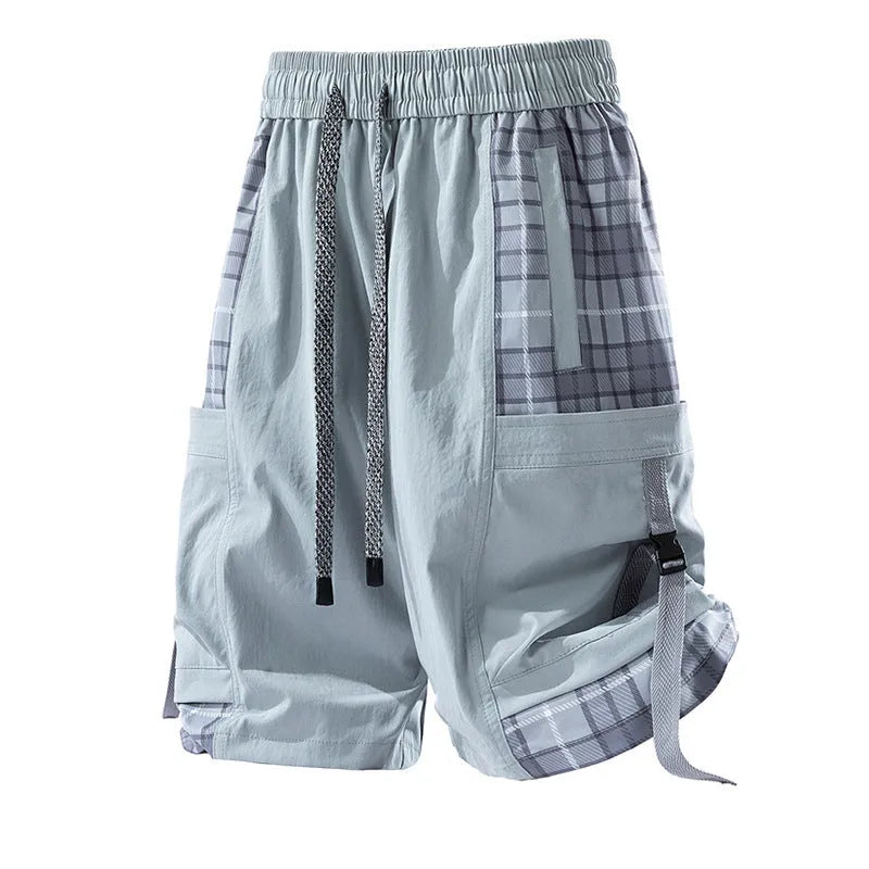 Men's loose fit cargo shorts with plaid stitching detail in black, light grey, and smoky grey colour options