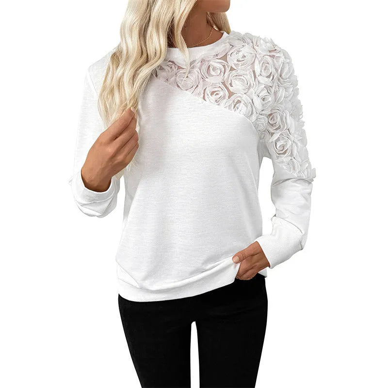 White women's floral pattern long sleeve pullover top with loose fit in European and American sizing