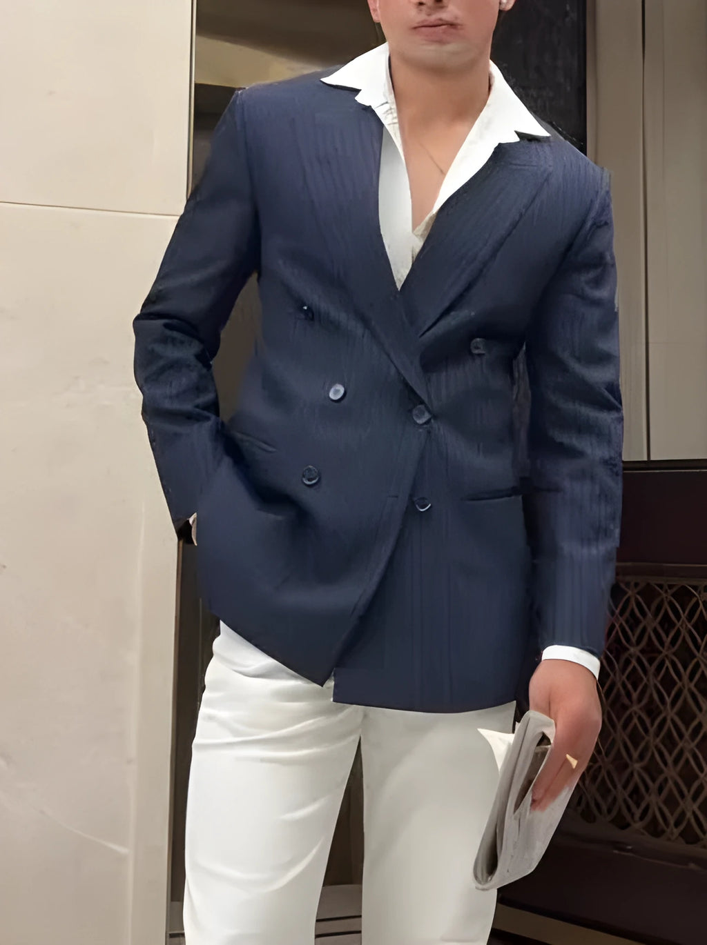 Men's classic stripe double-breasted polyester blazer in regular fit for smart casual wear
