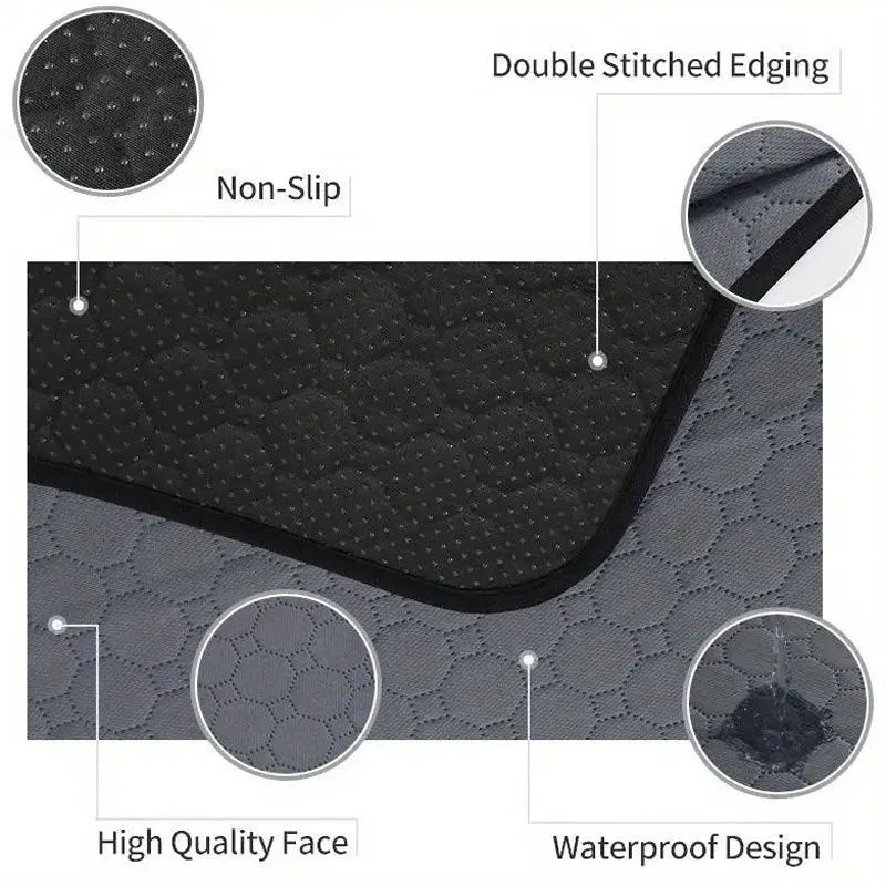Pet Parents grey and khaki washable dog pee pads in multiple sizes on a wooden floor.